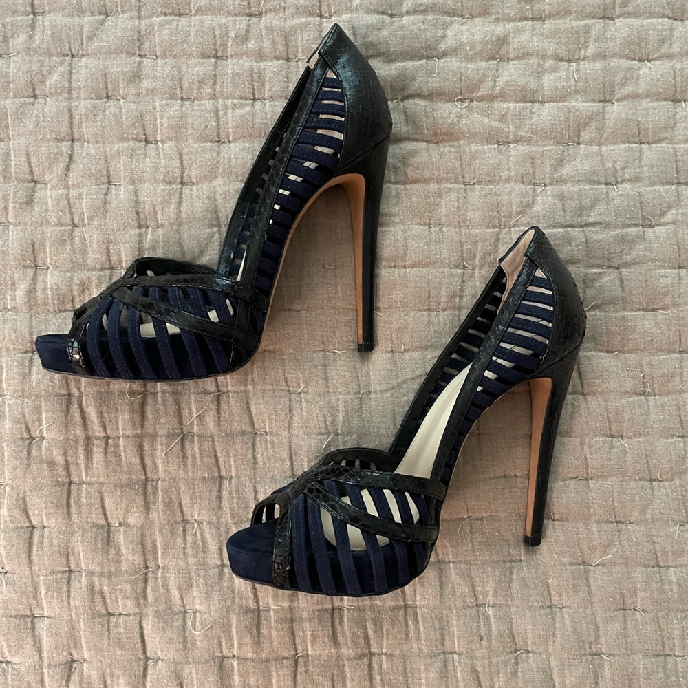 Alexandre Birman Black/Blue Python Suede Heels, S… - image 3